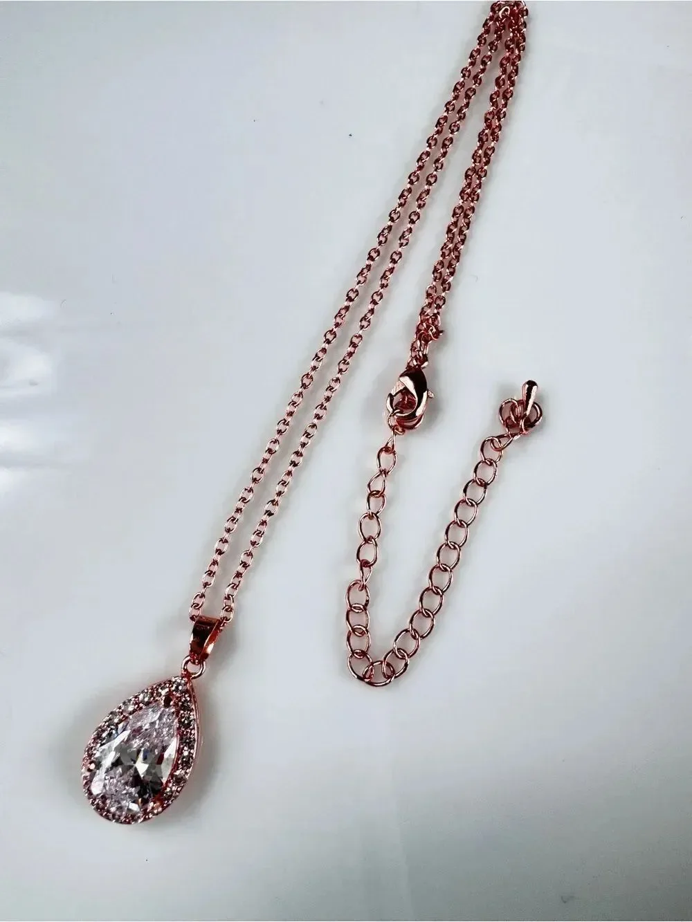 Rose Gold Teardrop Cubic Zirconia Pendant Necklace with Clear Cubic Zirconia